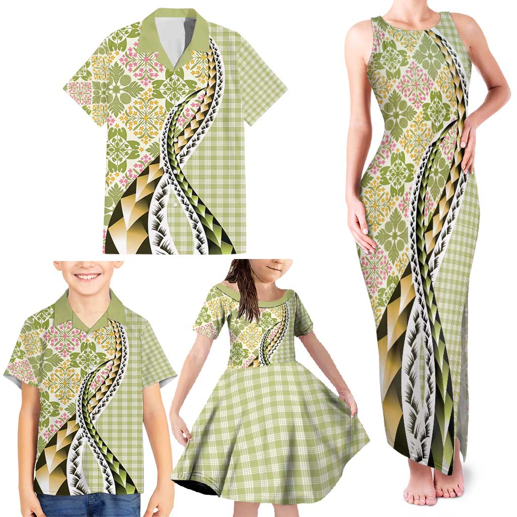 Aloha Vintage Palaka Floral Hawaiian Quilt Family Matching Tank Maxi Dress and Hawaiian Shirt Omaomao Motif - Polynesian Pride