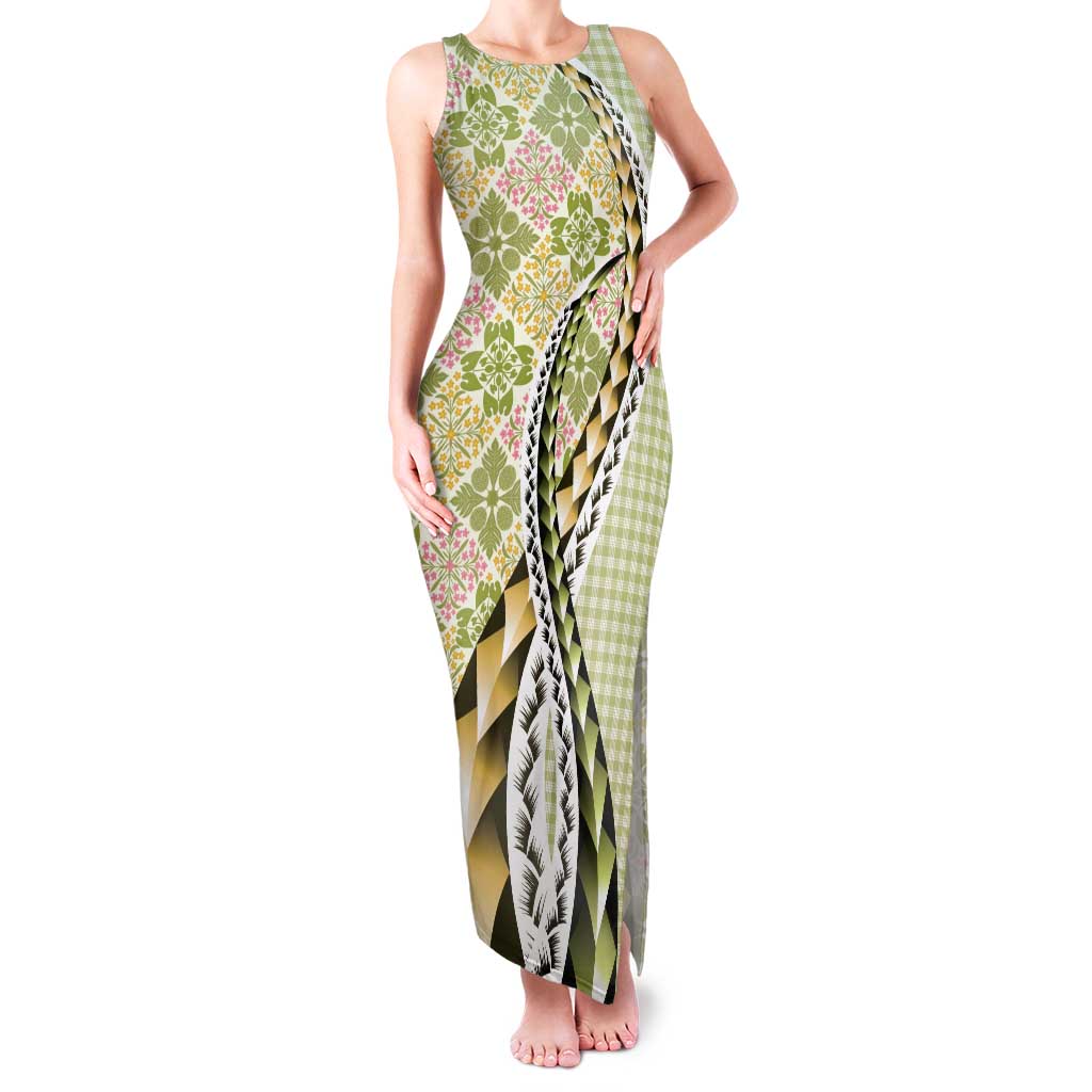 Aloha Vintage Palaka Floral Hawaiian Quilt Family Matching Tank Maxi Dress and Hawaiian Shirt Omaomao Motif LT9 Mom's Dress Lime - Polynesian Pride