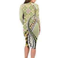 Aloha Vintage Palaka Floral Hawaiian Quilt Long Sleeve Bodycon Dress Omaomao Motif LT9 - Polynesian Pride