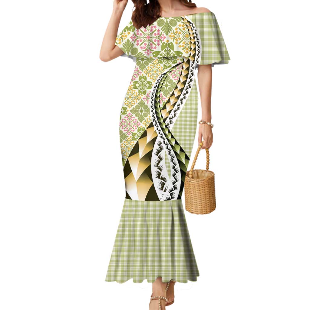 Aloha Vintage Palaka Floral Hawaiian Quilt Mermaid Dress Omaomao Motif - Polynesian Pride