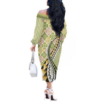 Aloha Vintage Palaka Floral Hawaiian Quilt Off The Shoulder Long Sleeve Dress Omaomao Motif LT9 - Polynesian Pride