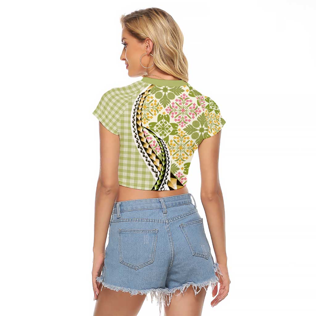 Aloha Vintage Palaka Floral Hawaiian Quilt Raglan Cropped T Shirt Omaomao Motif - Polynesian Pride