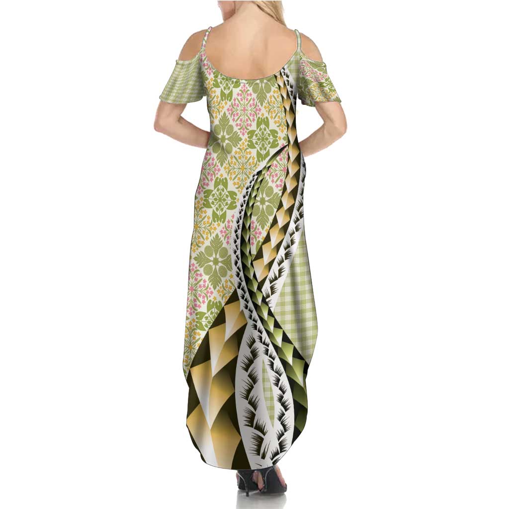 Aloha Vintage Palaka Floral Hawaiian Quilt Summer Maxi Dress Omaomao Motif - Polynesian Pride
