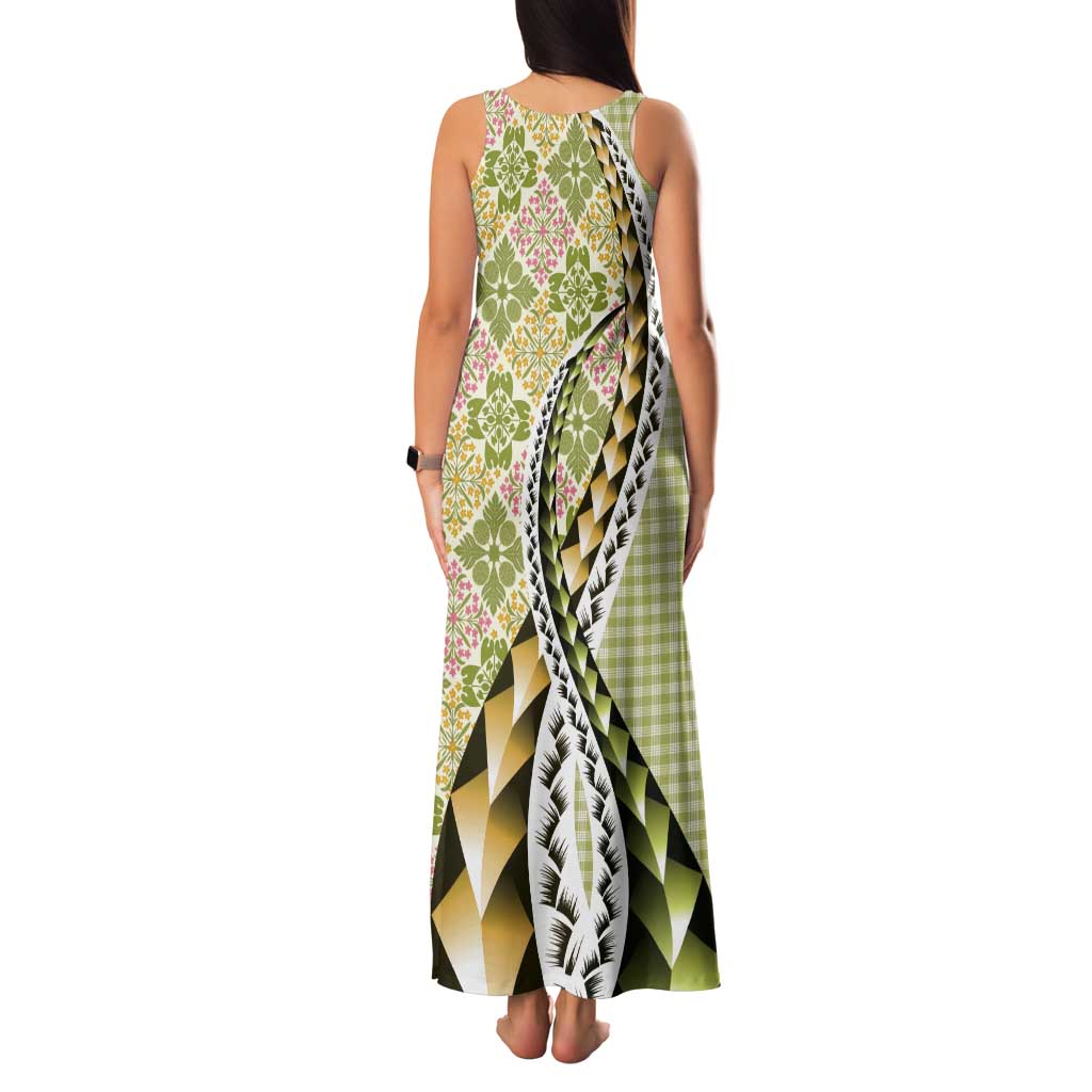 Aloha Vintage Palaka Floral Hawaiian Quilt Tank Maxi Dress Omaomao Motif - Polynesian Pride