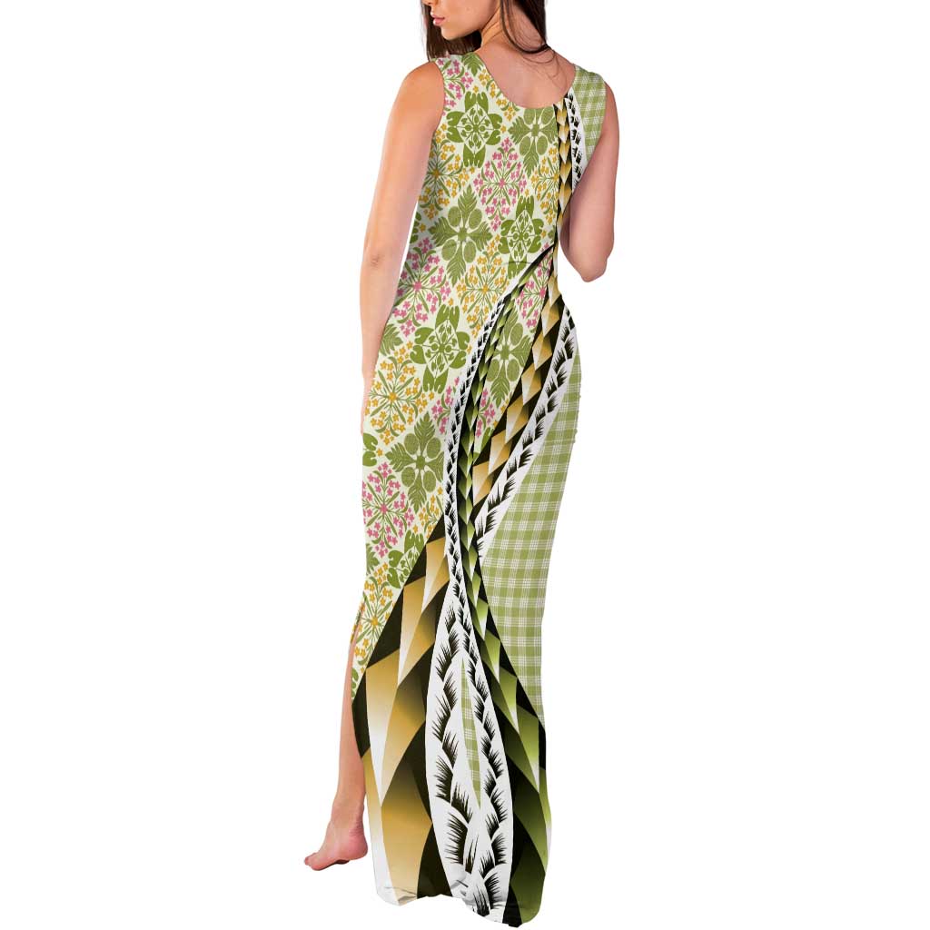Aloha Vintage Palaka Floral Hawaiian Quilt Tank Maxi Dress Omaomao Motif - Polynesian Pride