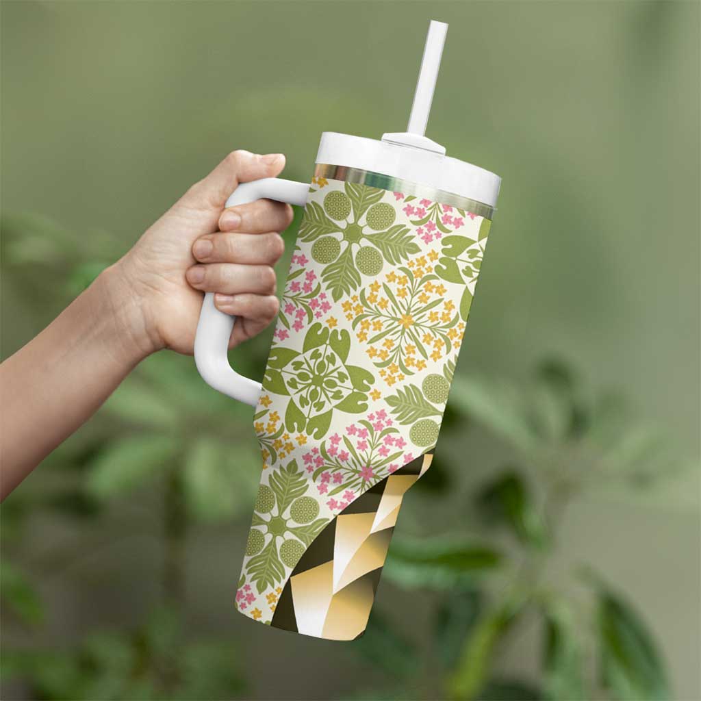 Aloha Vintage Palaka Floral Hawaiian Quilt Tumbler With Handle Omaomao Motif - Polynesian Pride