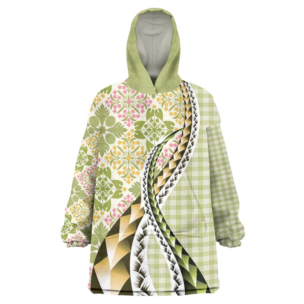 Aloha Vintage Palaka Floral Hawaiian Quilt Wearable Blanket Hoodie Omaomao Motif LT9 One Size Lime - Polynesian Pride