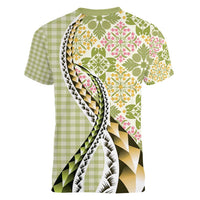 Aloha Vintage Palaka Floral Hawaiian Quilt Women V-Neck T-Shirt Omaomao Motif LT9 - Polynesian Pride