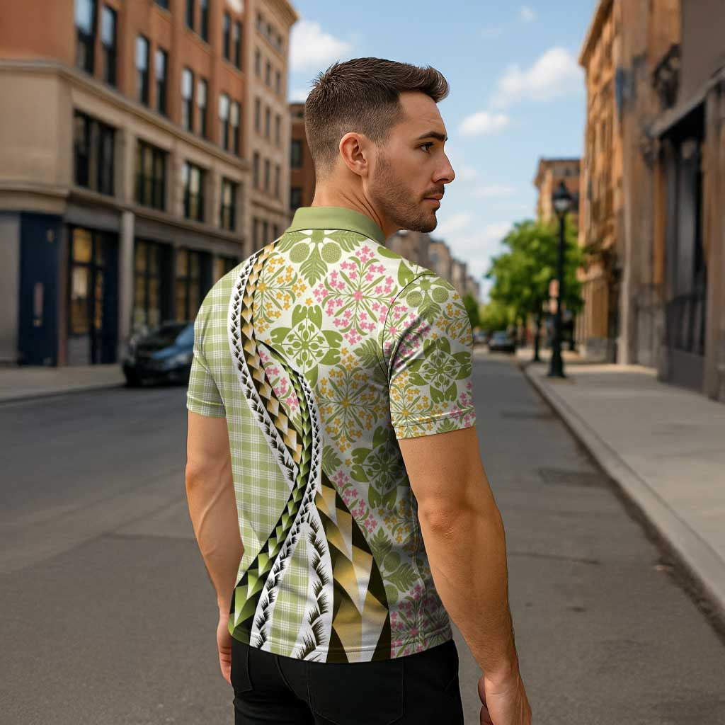 Aloha Vintage Palaka Floral Hawaiian Quilt Zipper Polo Shirt Omaomao Motif - Polynesian Pride