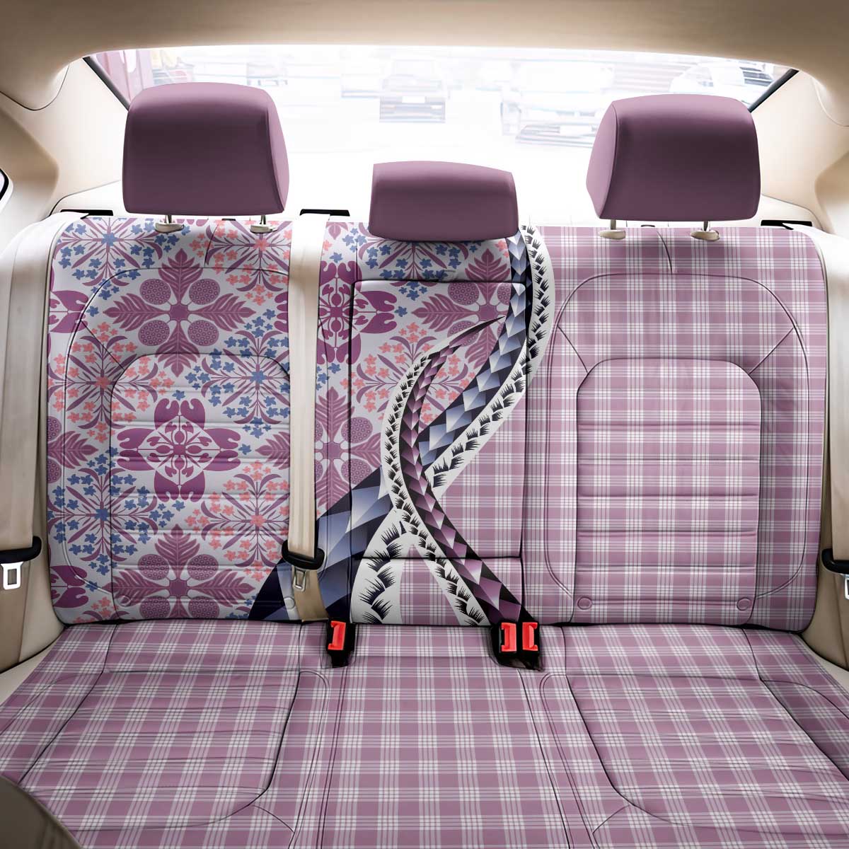 Aloha Vintage Palaka Floral Hawaiian Quilt Back Car Seat Cover Akala Motif - Polynesian Pride