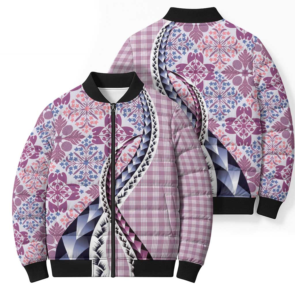 Aloha Vintage Palaka Floral Hawaiian Quilt Bomber Puffer Jacket Akala Motif - Polynesian Pride