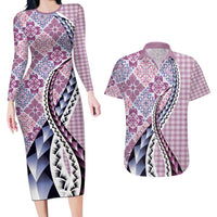 Aloha Vintage Palaka Floral Hawaiian Quilt Couples Matching Long Sleeve Bodycon Dress and Hawaiian Shirt Akala Motif LT9 Pink - Polynesian Pride