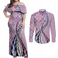 Aloha Vintage Palaka Floral Hawaiian Quilt Couples Matching Off Shoulder Maxi Dress and Long Sleeve Button Shirt Akala Motif LT9 Pink - Polynesian Pride