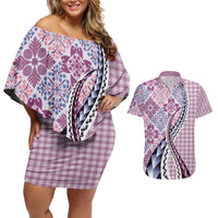 Aloha Vintage Palaka Floral Hawaiian Quilt Couples Matching Off Shoulder Short Dress and Hawaiian Shirt Akala Motif LT9 Pink - Polynesian Pride