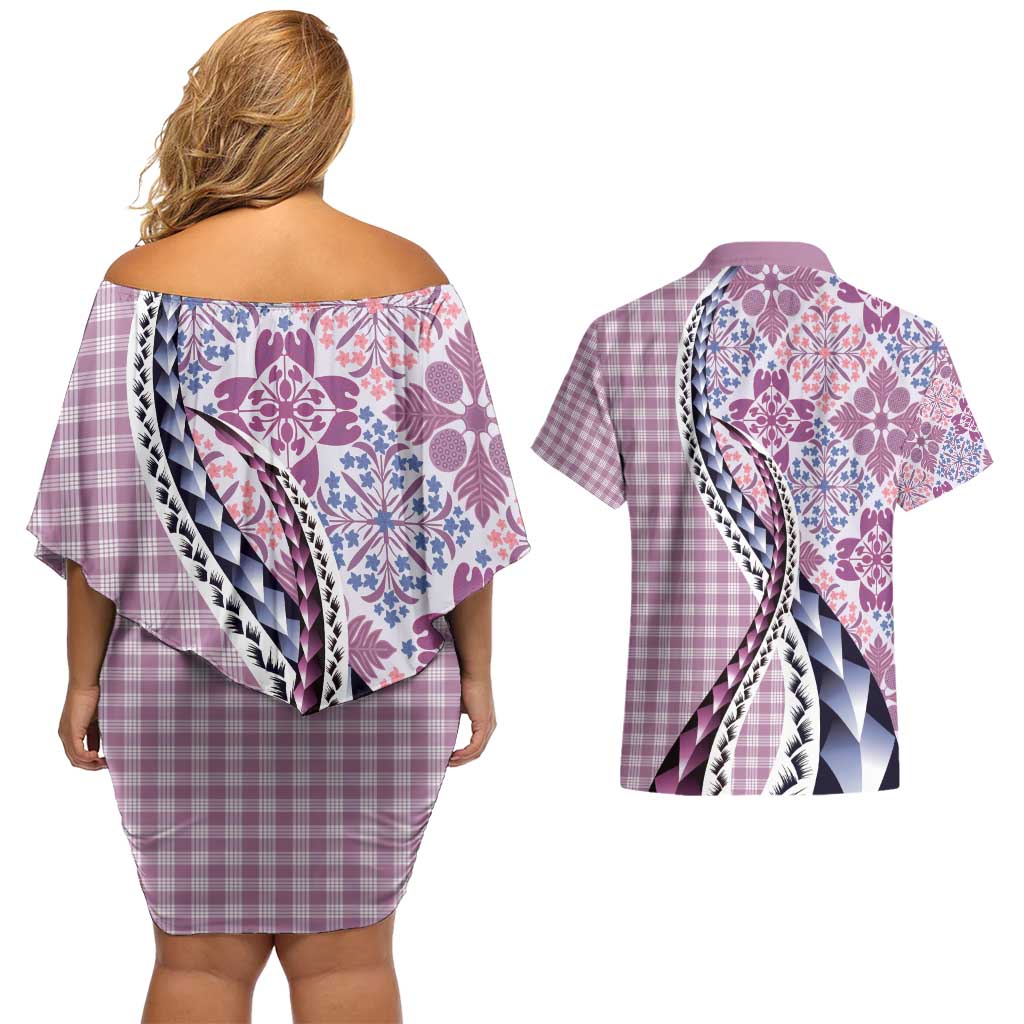 Aloha Vintage Palaka Floral Hawaiian Quilt Couples Matching Off Shoulder Short Dress and Hawaiian Shirt Akala Motif LT9 - Polynesian Pride