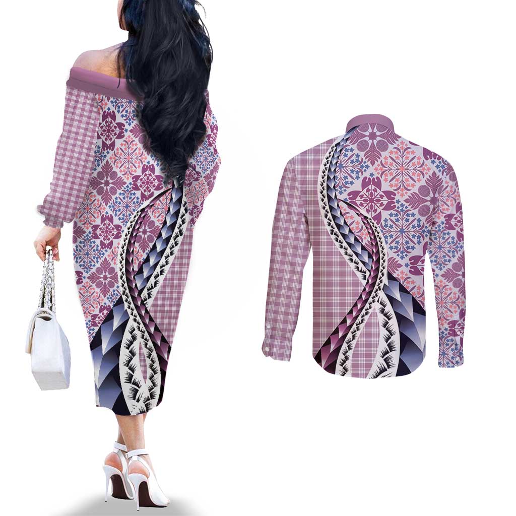 Aloha Vintage Palaka Floral Hawaiian Quilt Couples Matching Off The Shoulder Long Sleeve Dress and Long Sleeve Button Shirt Akala Motif LT9 - Polynesian Pride