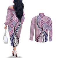 Aloha Vintage Palaka Floral Hawaiian Quilt Couples Matching Off The Shoulder Long Sleeve Dress and Long Sleeve Button Shirt Akala Motif LT9 - Polynesian Pride
