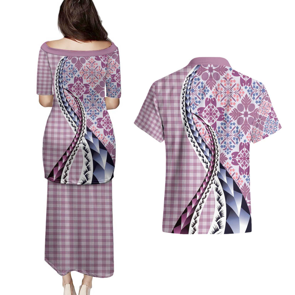 Aloha Vintage Palaka Floral Hawaiian Quilt Couples Matching Puletasi and Hawaiian Shirt Akala Motif LT9 - Polynesian Pride