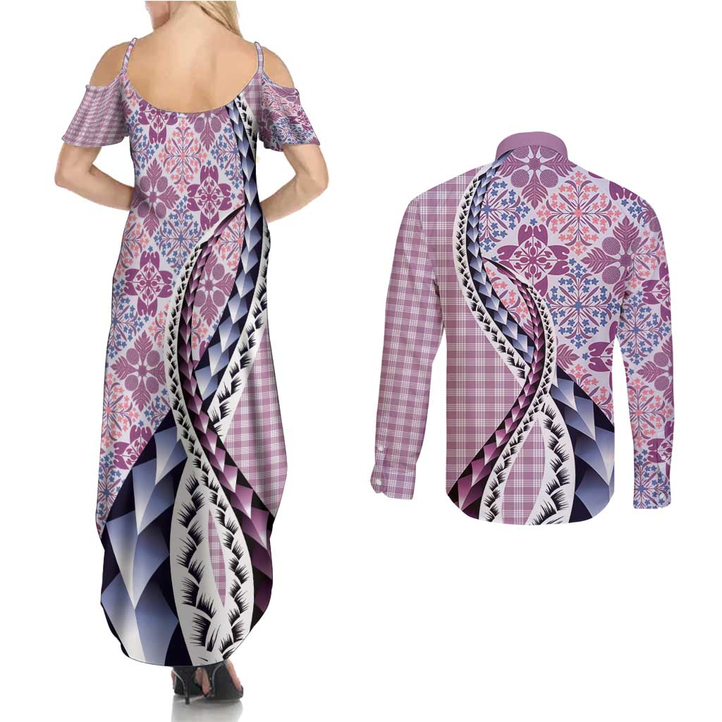 Aloha Vintage Palaka Floral Hawaiian Quilt Couples Matching Summer Maxi Dress and Long Sleeve Button Shirt Akala Motif LT9 - Polynesian Pride