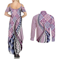 Aloha Vintage Palaka Floral Hawaiian Quilt Couples Matching Summer Maxi Dress and Long Sleeve Button Shirt Akala Motif LT9 - Polynesian Pride
