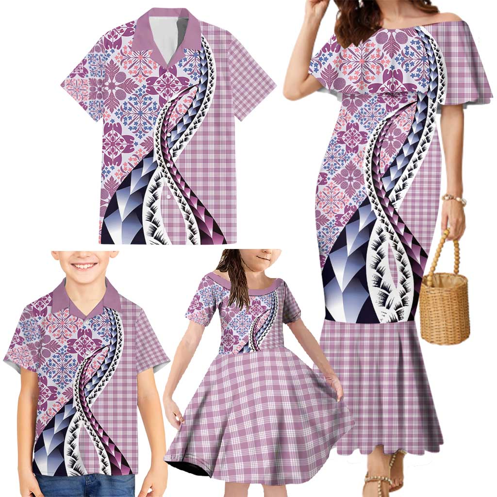 Aloha Vintage Palaka Floral Hawaiian Quilt Family Matching Mermaid Dress and Hawaiian Shirt Akala Motif LT9 - Polynesian Pride