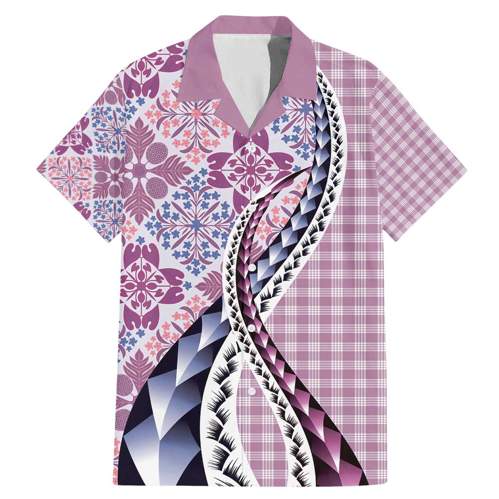 Aloha Vintage Palaka Floral Hawaiian Quilt Family Matching Mermaid Dress and Hawaiian Shirt Akala Motif LT9 Dad's Shirt - Short Sleeve Pink - Polynesian Pride