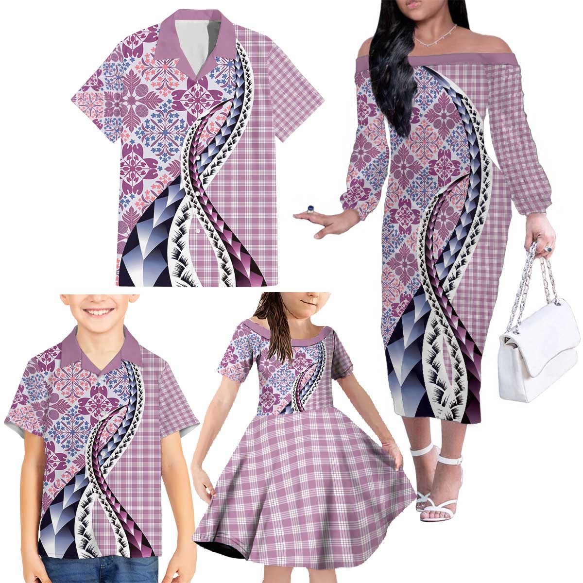 Aloha Vintage Palaka Floral Hawaiian Quilt Family Matching Off The Shoulder Long Sleeve Dress and Hawaiian Shirt Akala Motif LT9 - Polynesian Pride