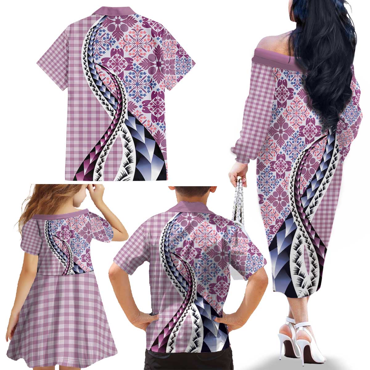 Aloha Vintage Palaka Floral Hawaiian Quilt Family Matching Off The Shoulder Long Sleeve Dress and Hawaiian Shirt Akala Motif LT9 - Polynesian Pride