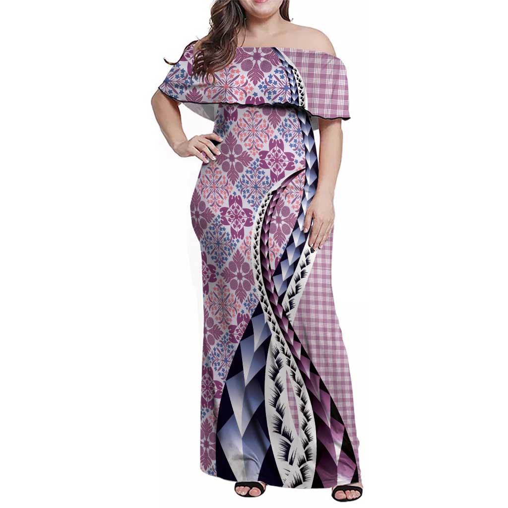Aloha Vintage Palaka Floral Hawaiian Quilt Family Matching Off Shoulder Maxi Dress and Hawaiian Shirt Akala Motif LT9 Mom's Dress Pink - Polynesian Pride