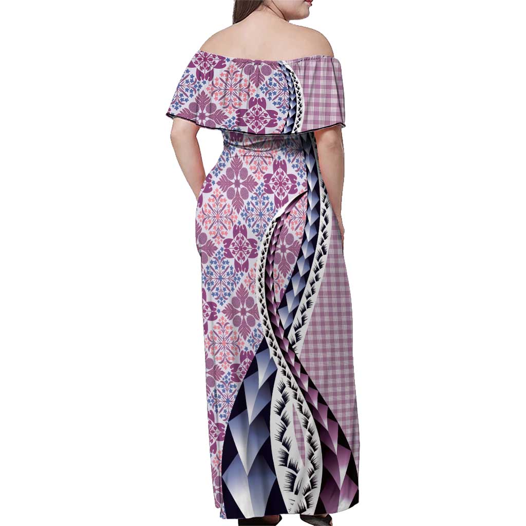 Aloha Vintage Palaka Floral Hawaiian Quilt Family Matching Off Shoulder Maxi Dress and Hawaiian Shirt Akala Motif LT9 - Polynesian Pride