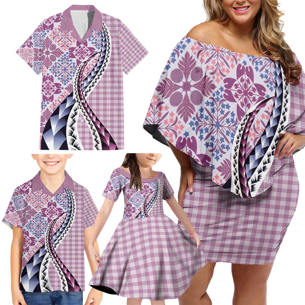 Aloha Vintage Palaka Floral Hawaiian Quilt Family Matching Off Shoulder Short Dress and Hawaiian Shirt Akala Motif LT9 - Polynesian Pride