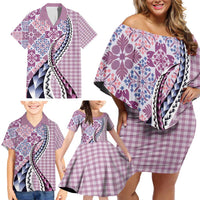 Aloha Vintage Palaka Floral Hawaiian Quilt Family Matching Off Shoulder Short Dress and Hawaiian Shirt Akala Motif LT9 - Polynesian Pride