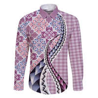 Aloha Vintage Palaka Floral Hawaiian Quilt Family Matching Off Shoulder Short Dress and Hawaiian Shirt Akala Motif LT9 Dad's Shirt - Long Sleeve Pink - Polynesian Pride