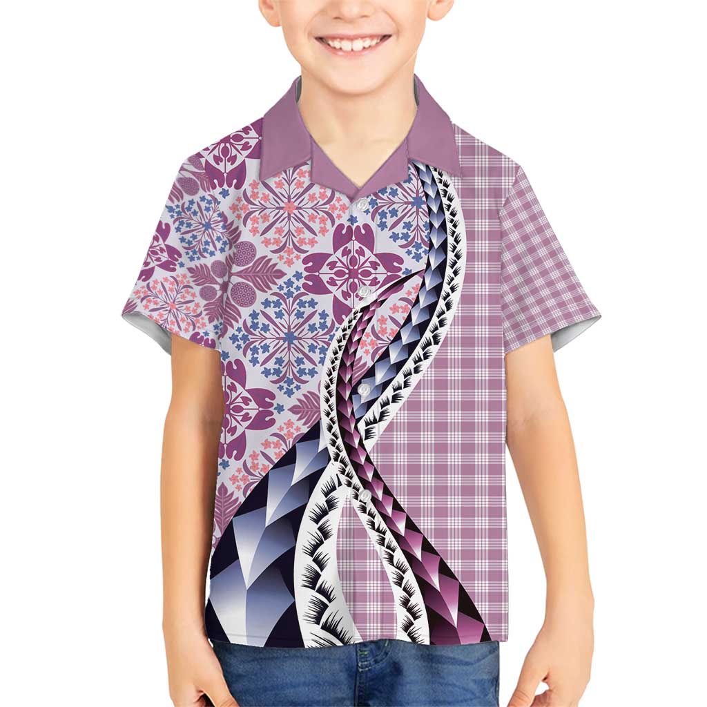 Aloha Vintage Palaka Floral Hawaiian Quilt Family Matching Off Shoulder Short Dress and Hawaiian Shirt Akala Motif LT9 Son's Shirt Pink - Polynesian Pride