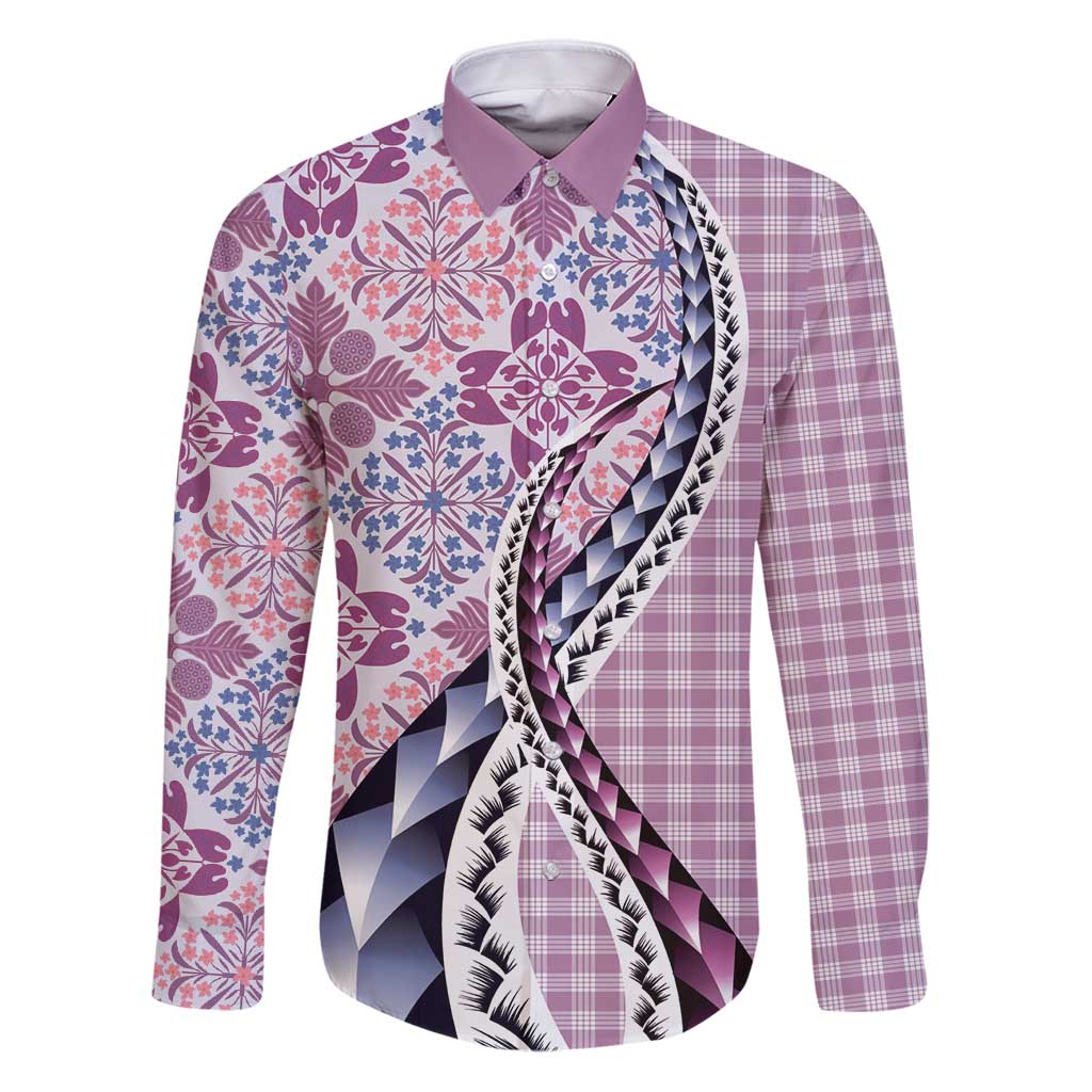 Aloha Vintage Palaka Floral Hawaiian Quilt Family Matching Puletasi and Hawaiian Shirt Akala Motif LT9 Dad's Shirt - Long Sleeve Pink - Polynesian Pride