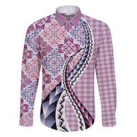 Aloha Vintage Palaka Floral Hawaiian Quilt Family Matching Puletasi and Hawaiian Shirt Akala Motif LT9 Dad's Shirt - Long Sleeve Pink - Polynesian Pride
