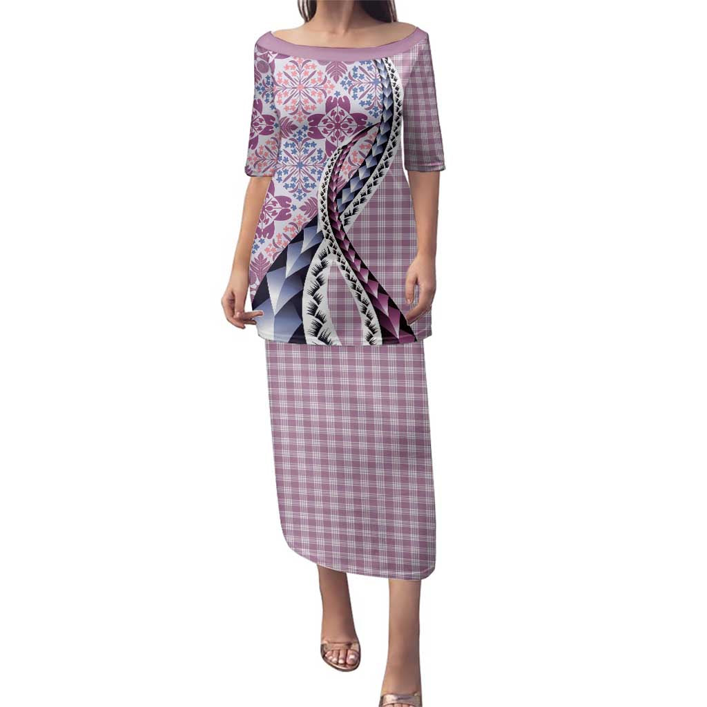 Aloha Vintage Palaka Floral Hawaiian Quilt Family Matching Puletasi and Hawaiian Shirt Akala Motif LT9 Mom's Dress Pink - Polynesian Pride