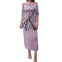 Aloha Vintage Palaka Floral Hawaiian Quilt Family Matching Puletasi and Hawaiian Shirt Akala Motif LT9 Mom's Dress Pink - Polynesian Pride