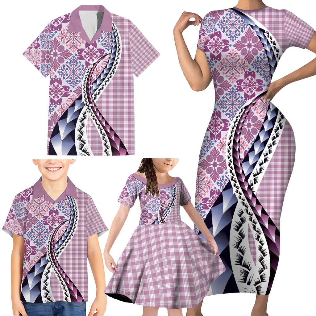 Aloha Vintage Palaka Floral Hawaiian Quilt Family Matching Short Sleeve Bodycon Dress and Hawaiian Shirt Akala Motif - Polynesian Pride