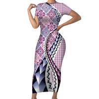 Aloha Vintage Palaka Floral Hawaiian Quilt Family Matching Short Sleeve Bodycon Dress and Hawaiian Shirt Akala Motif LT9 Mom's Dress Pink - Polynesian Pride