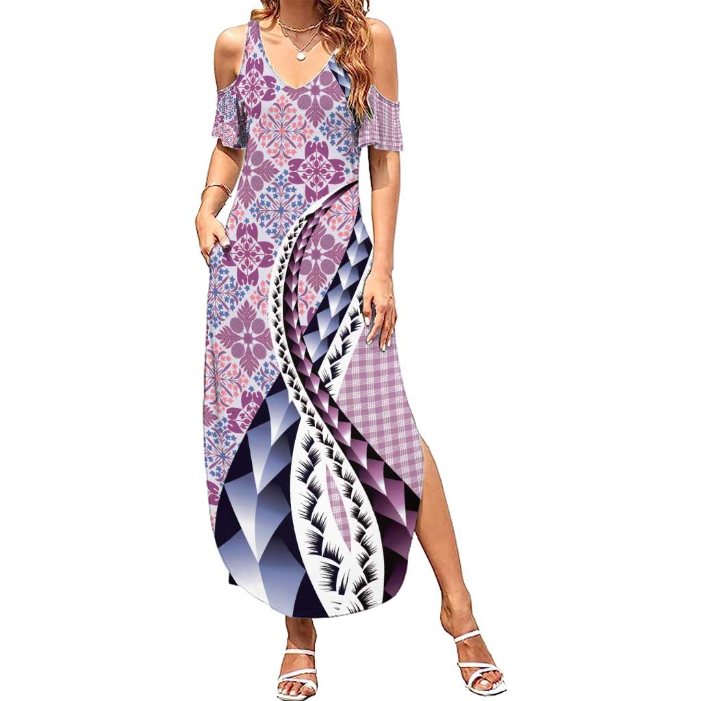 Aloha Vintage Palaka Floral Hawaiian Quilt Family Matching Summer Maxi Dress and Hawaiian Shirt Akala Motif LT9 Mom's Dress Pink - Polynesian Pride
