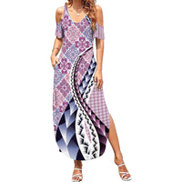 Aloha Vintage Palaka Floral Hawaiian Quilt Family Matching Summer Maxi Dress and Hawaiian Shirt Akala Motif LT9 Mom's Dress Pink - Polynesian Pride