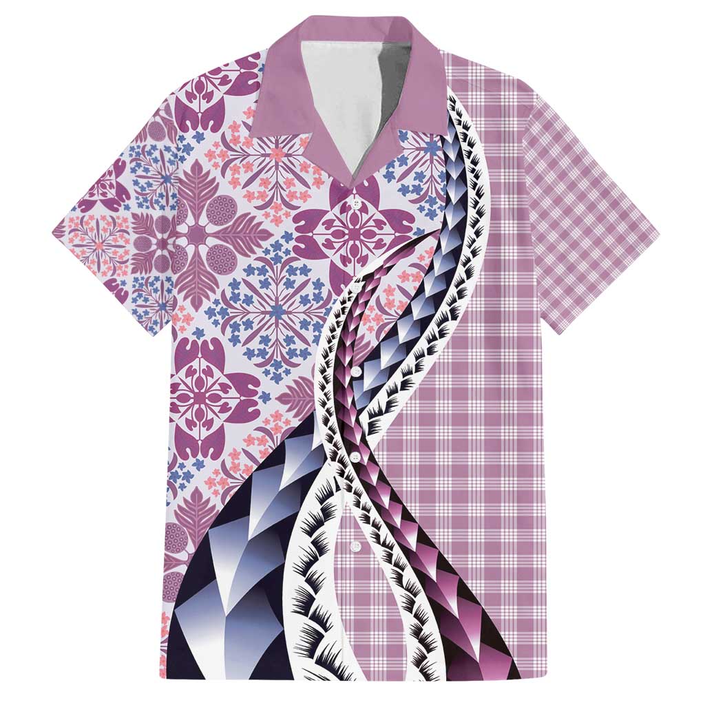 Aloha Vintage Palaka Floral Hawaiian Quilt Family Matching Tank Maxi Dress and Hawaiian Shirt Akala Motif LT9 Dad's Shirt - Short Sleeve Pink - Polynesian Pride