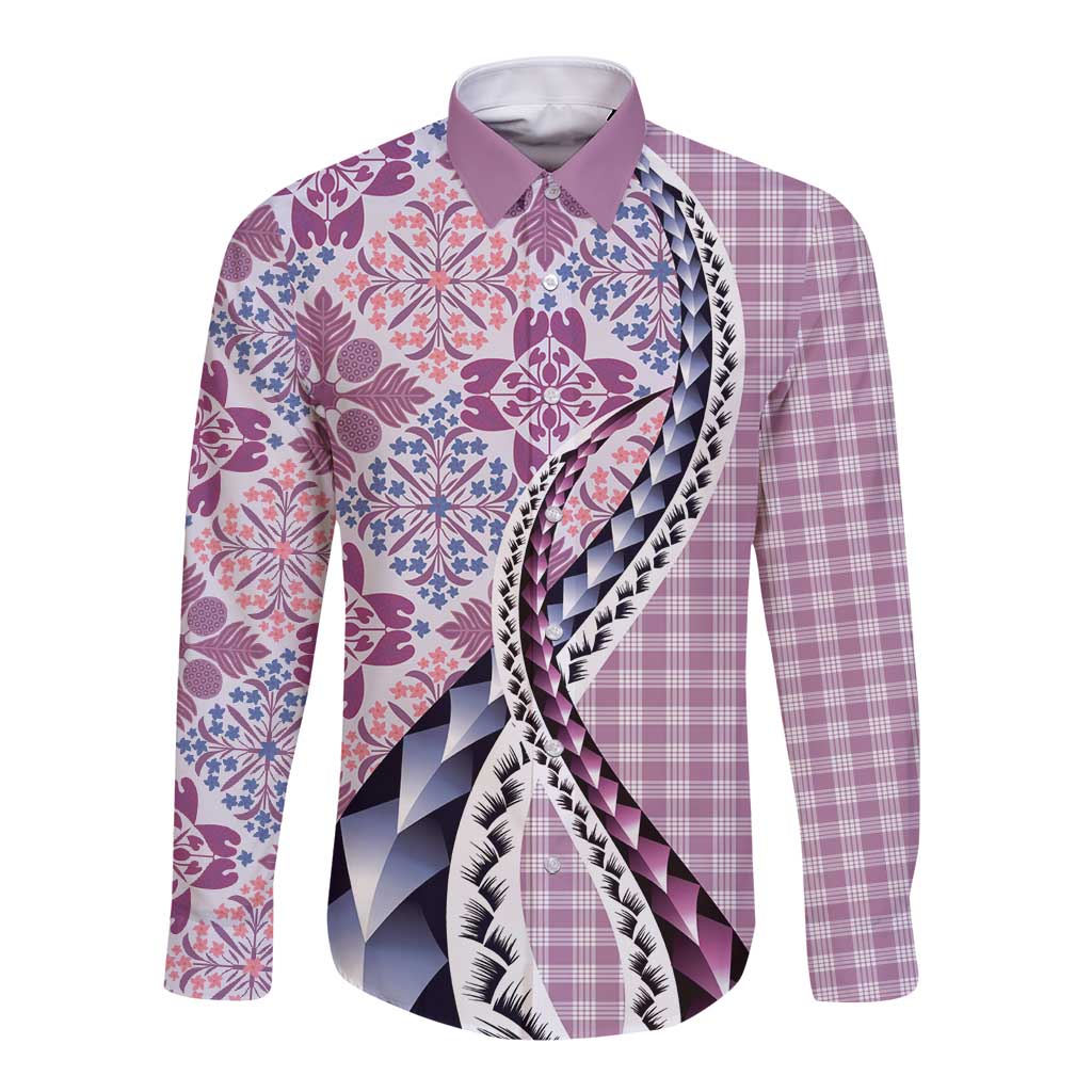 Aloha Vintage Palaka Floral Hawaiian Quilt Long Sleeve Button Shirt Akala Motif - Polynesian Pride