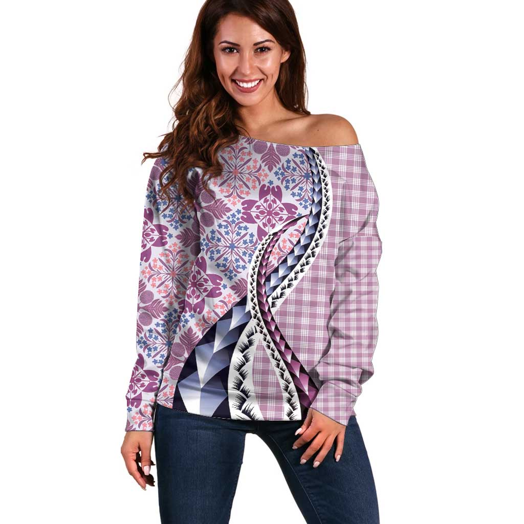 Aloha Vintage Palaka Floral Hawaiian Quilt Off Shoulder Sweater Akala Motif - Polynesian Pride