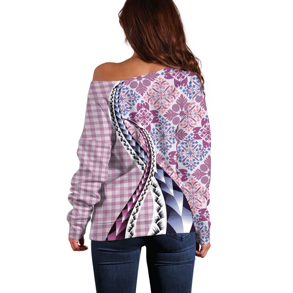 Aloha Vintage Palaka Floral Hawaiian Quilt Off Shoulder Sweater Akala Motif - Polynesian Pride