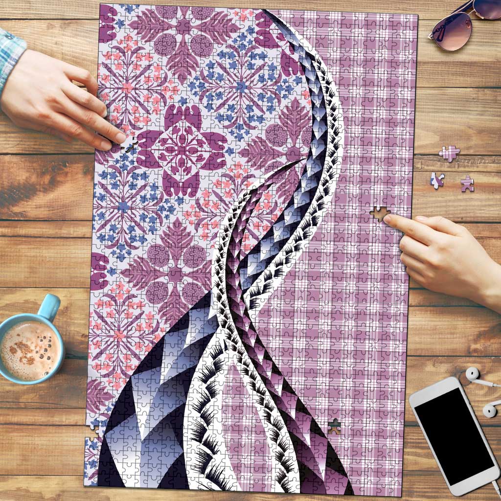 Aloha Vintage Palaka Floral Hawaiian Quilt Puzzle Akala Motif LT9 Pink - Polynesian Pride