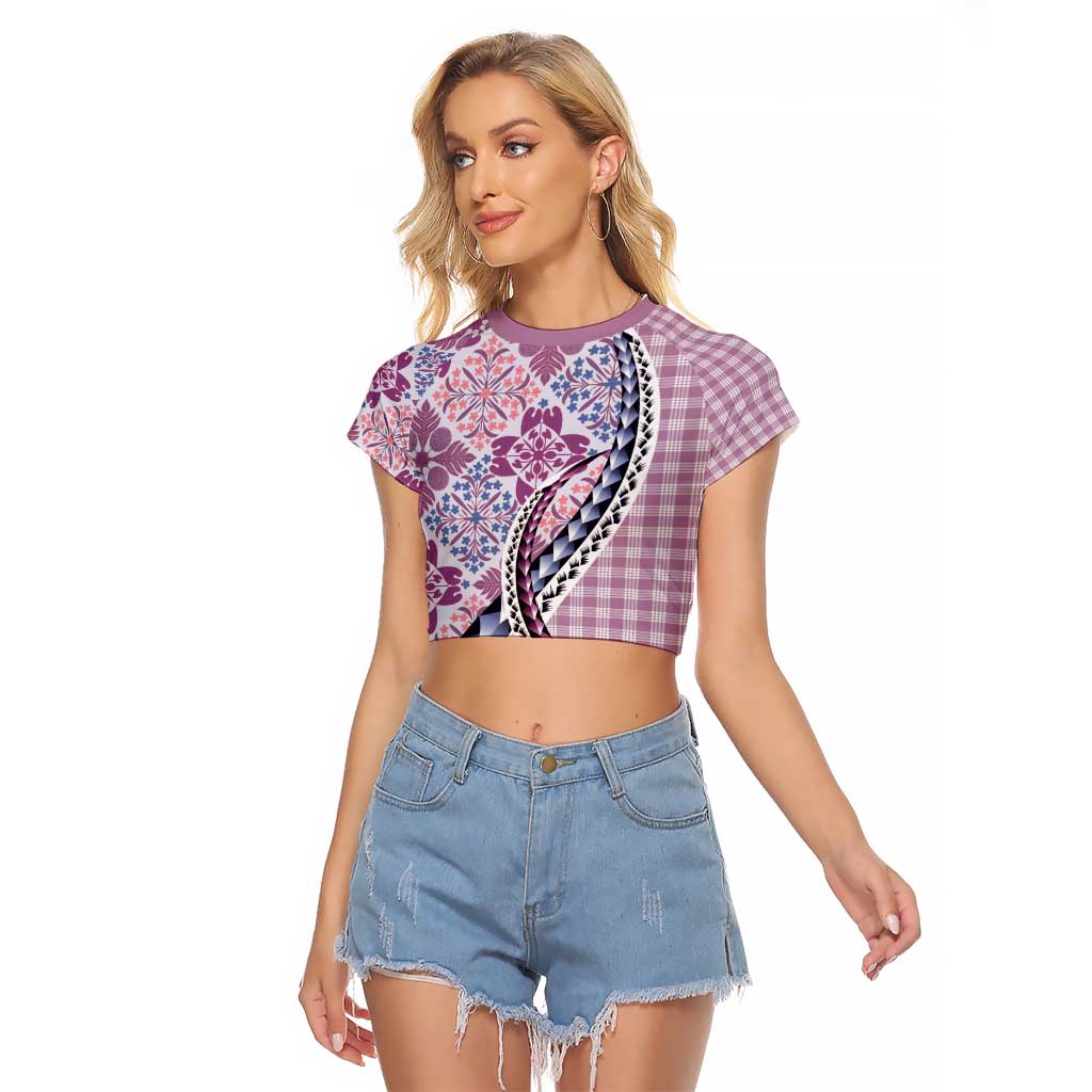Aloha Vintage Palaka Floral Hawaiian Quilt Raglan Cropped T Shirt Akala Motif - Polynesian Pride