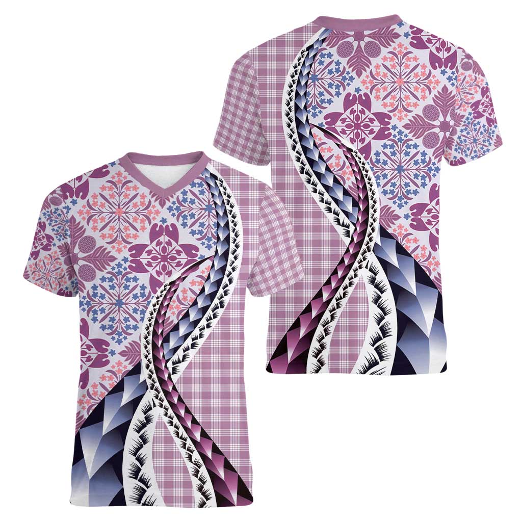 Aloha Vintage Palaka Floral Hawaiian Quilt Women V-Neck T-Shirt Akala Motif LT9 - Polynesian Pride