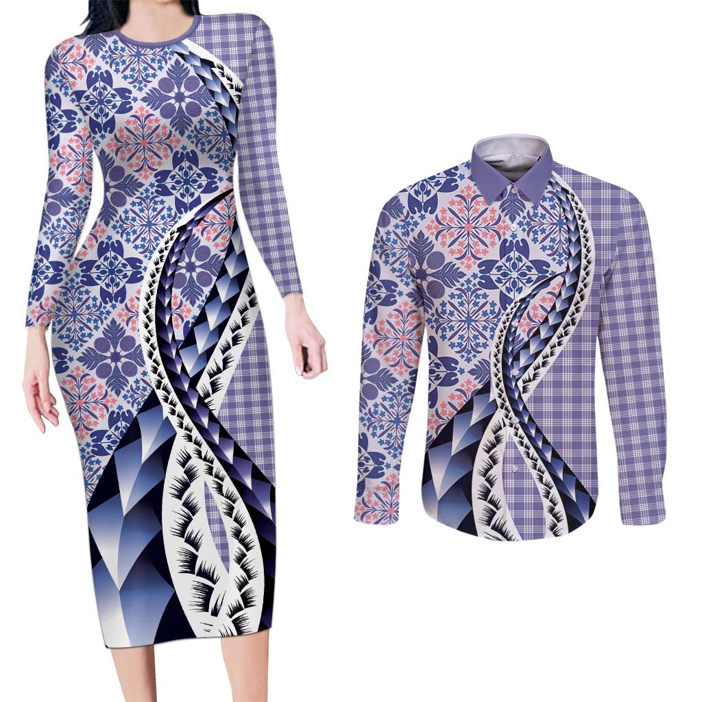 Aloha Vintage Palaka Floral Hawaiian Quilt Couples Matching Long Sleeve Bodycon Dress and Long Sleeve Button Shirt Poni Motif - Polynesian Pride